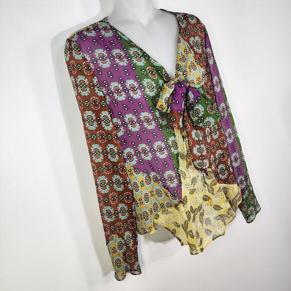 ZARA Top Womens Zodiac Multicolor Printed Boho Blouse XS Bow Tie Crystal Drops - Picture 4 of 12